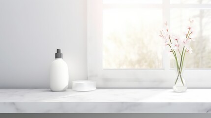 Cosmetic bottles on white marble countertop in bathroom.