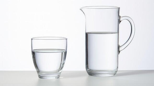 Glass and jug of water on white background. Isolated with clipping path