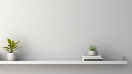 White shelf with plant in pot on white wall. 3D rendering