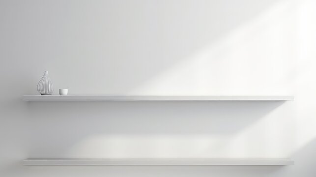 White shelf with vase and cup on white wall background. - Powered by Adobe