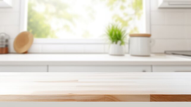 Empty wooden table and blurred kitchen interior background,