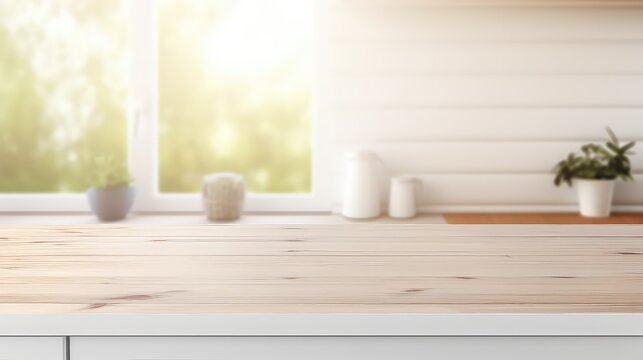 Empty wooden table and blurred kitchen interior background,