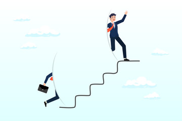 Smart confidence businessman climbing up stair with special shortcut to success, shortcut for business success, stairway or step to career growth, get rich fast or strategy to achieve target (Vector)