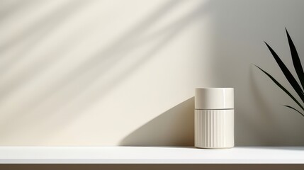 Mockup of a white cosmetic bottle on a white shelf against a white wall with palm leaves.