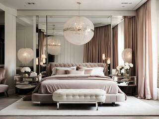a vintage Hollywood minimalist bedroom design with glamourous accents and hidden storage in mirrored furniture design.