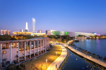 Fototapeta premium Aerial photography of the night view of the city by Jinji Lake in Suzhou.. .笔记.