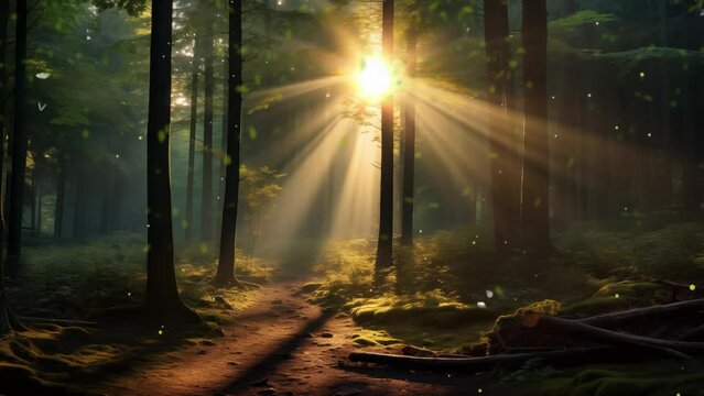 Amazing light rays above the forest. sun rays in the forest. seamless looping overlay 4k virtual video animation background 