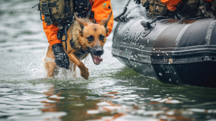 A specially trained canine unit jumps into the water from a rescue boat trained to ist in locating missing persons in emergency situations. - obrazy, fototapety, plakaty