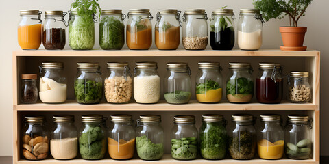 A Well-Organized and Fully-Stocked Home Pantry hermetic glass jars storing dried foods on kitchen shelves Variety of fresh vegetables in a healthy organic vegetarian meal.
