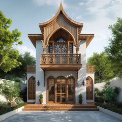 Tiny two floor timber frame house with double front doors and terrace with mosque and ramadhan theme design