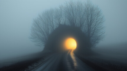 霧のかかった暗闇の中で幻想的に光るトンネル