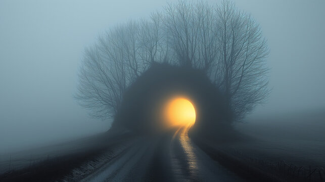 Fototapeta 霧のかかった暗闇の中で幻想的に光るトンネル