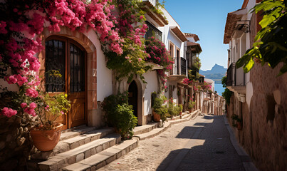 Fototapeta na wymiar Rustic Summer street of Greece with flowers with windows and bougainvillea flowers Capturing the Charming Streets Plants flowers adventure.