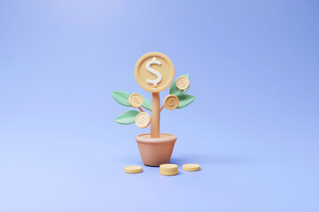 3D rendered illustration of a financial business concept depicting growth and savings with plants and dollar coins in pots.