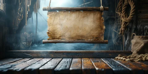 Fotobehang Old wooden pirat ship with hanging board, wooden podium. © NorLife