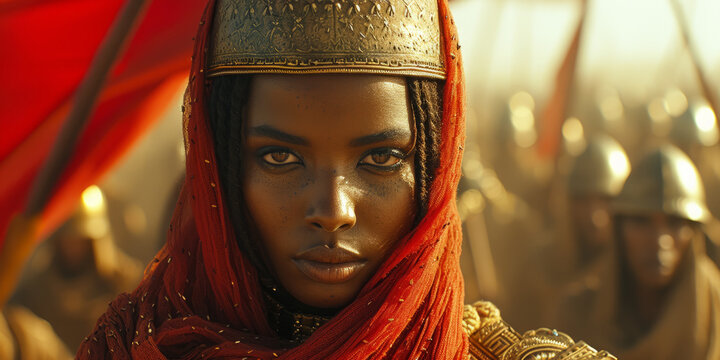 Beautiful African woman commander warrior with golden helmet and red scarf with her army on battlefield.