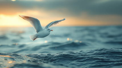 Fototapeta na wymiar A serene image of a single seagull gliding above the ocean waves during a beautiful sunset.