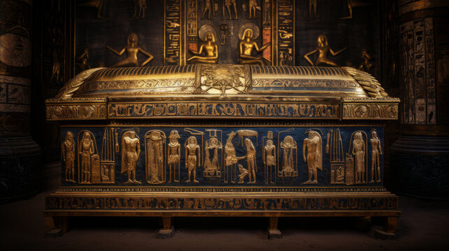 An egyptian mummy sarcophagus made of gold with carved details.