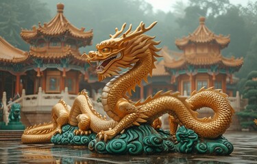 Fototapeta na wymiar colossal golden Chinese dragon