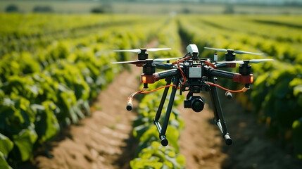 Um drone agrícola equipado com tecnologia de  I A monitorando a saúde das plantações e fornecendo dados em tempo real para a agricultura de precisão e otimização do rendimento - obrazy, fototapety, plakaty
