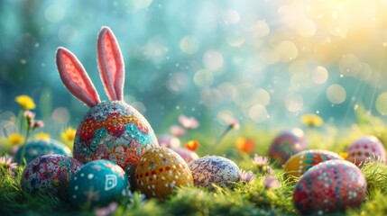 Colorful easter eggs with bunny ears on green grass over bokeh background - obrazy, fototapety, plakaty