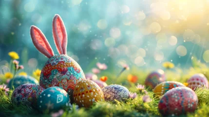 Foto op Plexiglas Colorful easter eggs with bunny ears on green grass over bokeh background © LAYHONG