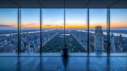 Man sitting on the floor and looking at the panoramic view of the city