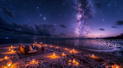 Obraz na płótnie Canvas Luxury sofa on the beach with starry sky background.