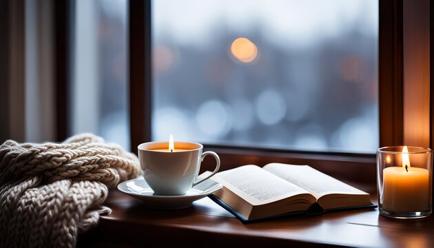 book and candle on table near window beautiful view. winter season concept. indoor view. read, reading, refreshment, peace concept.