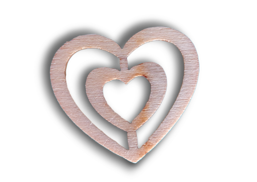 Wooden heart-shaped hollow decoration isolated on transparent background. 