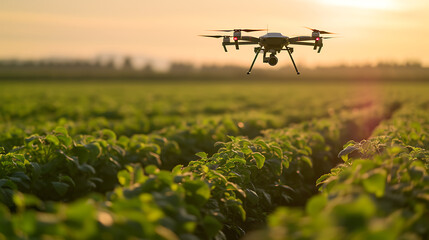 Um drone agrícola equipado com tecnologia de  I A monitorando a saúde das plantações e fornecendo dados em tempo real para a agricultura de precisão e otimização do rendimento - obrazy, fototapety, plakaty