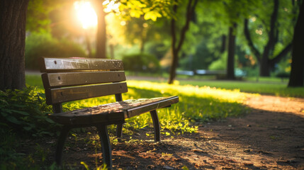 Quiet and serene park bench bathed in soft sunlight streaming through nearby trees - obrazy, fototapety, plakaty