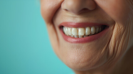 elderly ethnic person, beautiful white smile on blue background, dental photo