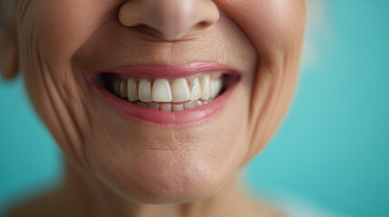 Obraz premium elderly ethnic person, beautiful white smile on blue background, dental photo