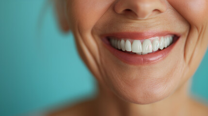 Obraz premium elderly ethnic person, beautiful white smile on blue background, dental photo