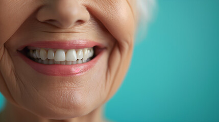 Obraz premium elderly ethnic person, beautiful white smile on blue background, dental photo