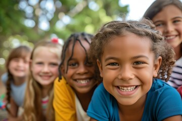 Fototapeta premium Group of diverse cheerful fun happy multiethnic children outdoors at the schoolyard 