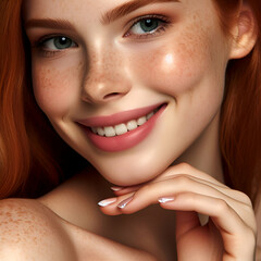 Obraz premium Ginger woman touch face with smooth healthy skin. Beautiful young woman happy smiling, beauty and cosmetics advertising concept