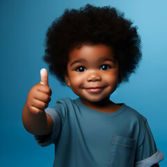 a black toddler giving a thumbs up on blue background, banner concept