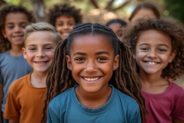 Group of diverse cheerful fun happy multiethnic children outdoors at the schoolyard	