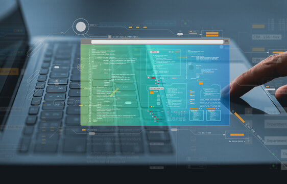 Computer software programmer or data engineering coding developer working on datum language. Information transformation development, blockchain database algorithm technology. Website programing design