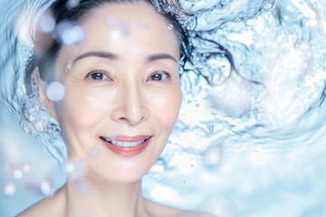 水しぶきと年配の日本人女性のスキンケアイメージ（おばさん・おばあさん・化粧水・洗顔・美肌・スキンケアモデル）