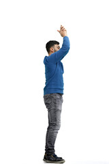 A man, full-length, on a white background, claps