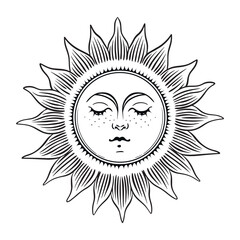 Mystical sun with face and wavy rays, celestial astrology logo, boho tattoo for zodiac, tarot. Magic hand drawn vector illustration isolated on white background. Medieval mythological symbol.