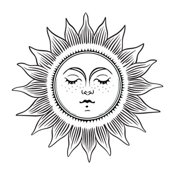 Mystical sun with face and wavy rays, celestial astrology logo, boho tattoo for zodiac, tarot. Magic hand drawn vector illustration isolated on white background. Medieval mythological symbol.