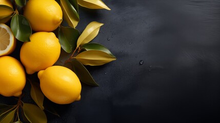 Fresh Lemons with Leaves and Water Droplets on Black Surface