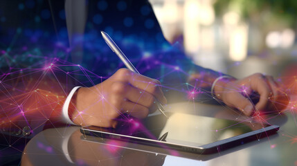 digital business management concept, digital business, technology use in business, business analysis, tech innovation, internet connectivity, business backdrop, close up of businessman's hand writing 