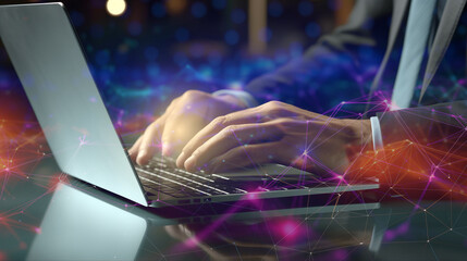 digital business management concept, digital business, technology use in business, business analysis, tech innovation, internet connectivity, business backdrop, close up of businessman's hand typing