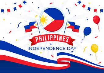 Philippines Independence Day Vector Illustration on 12 June with Waving Flag and Ribbon in National Holiday Celebration Flat Cartoon Background