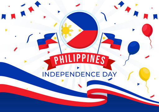 Philippines Independence Day Vector Illustration on 12 June with Waving Flag and Ribbon in National Holiday Celebration Flat Cartoon Background